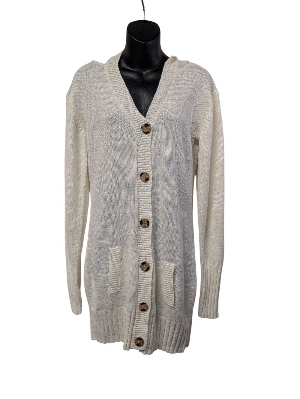 Derek Heart White Longline Hooded Cardigan Sweater Size Large Button Up Pockets